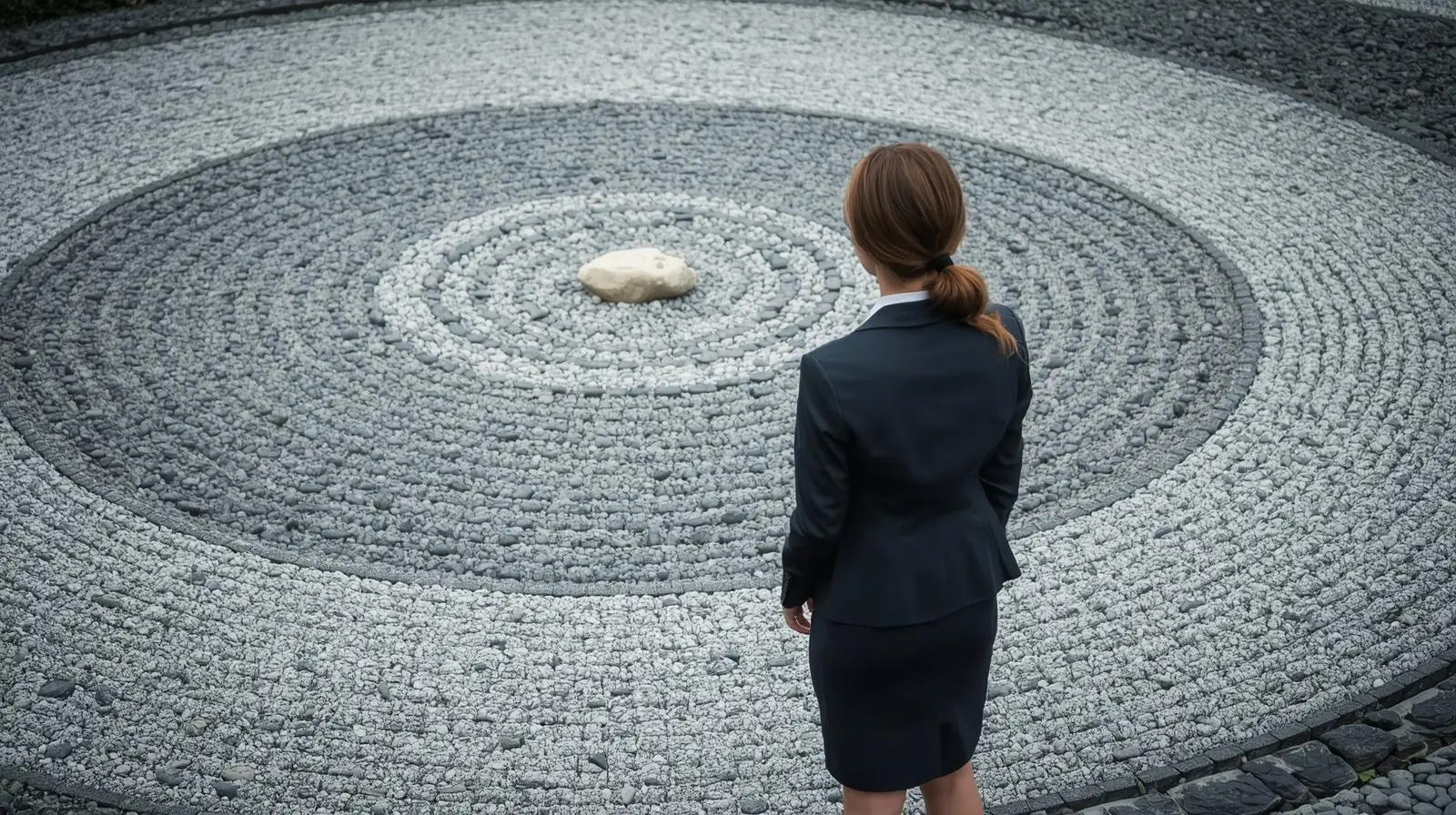 peaceful zen garden, pebbles stacked in a circular peaceful pattern. and a female in a corporate dress with her back to the cemera standing and watching the pattern